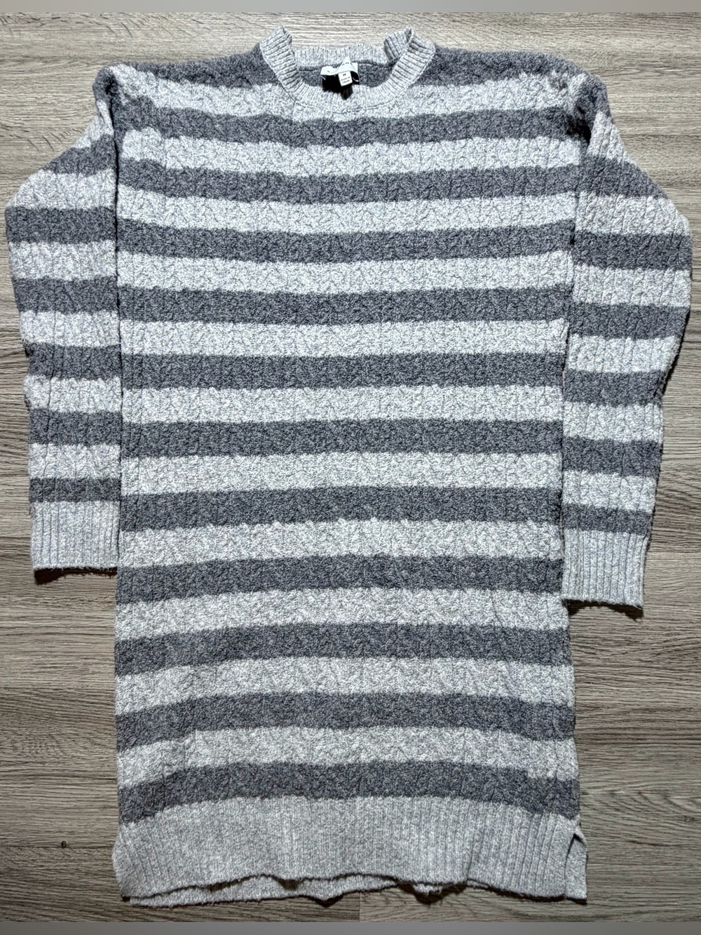 Pink Rose Women’s Sweater Dress Striped Cable Knit Medium Gray White Fuzzy